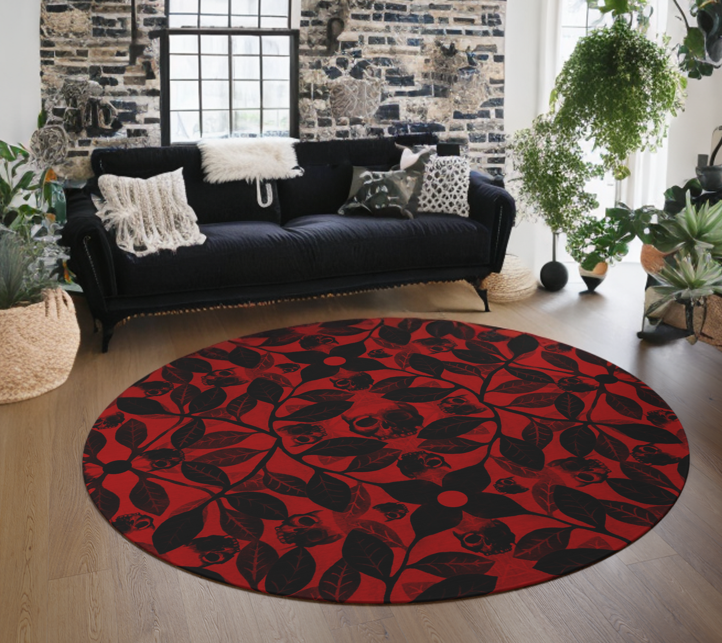 Watercolor Botanical Skull Round Rug - Red - Red Finch Creations