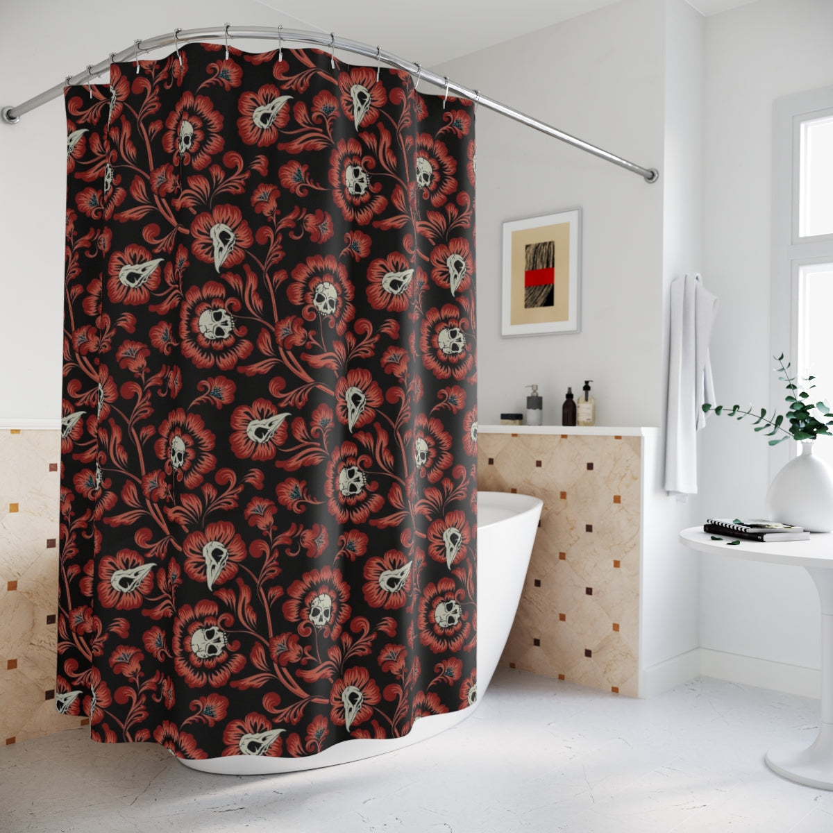 Gothic Victorian Floral Skull Shower Curtain - Red - Red Finch Creations