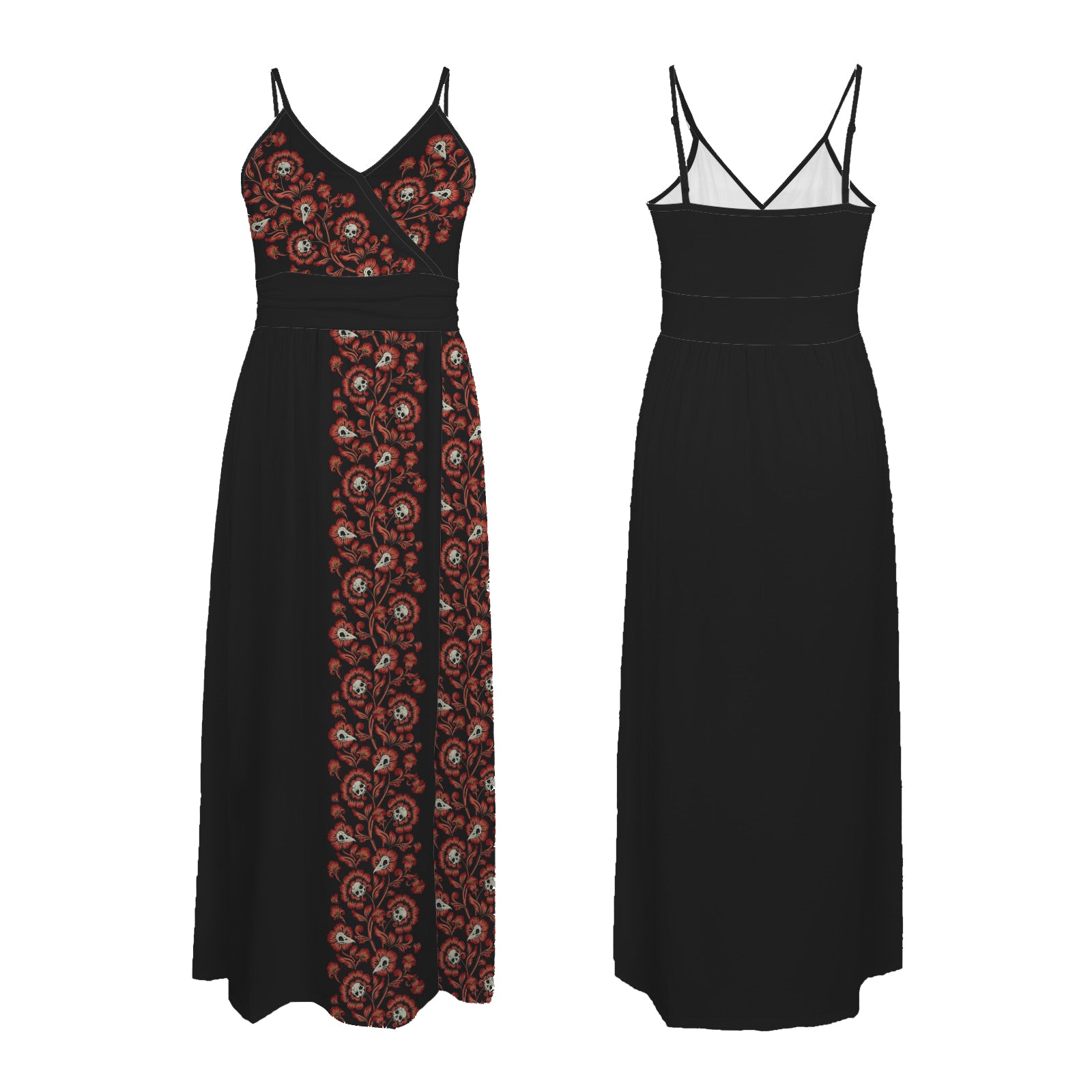 Spooky victorian damask evening gown with red flowers and cute skulls front and back view