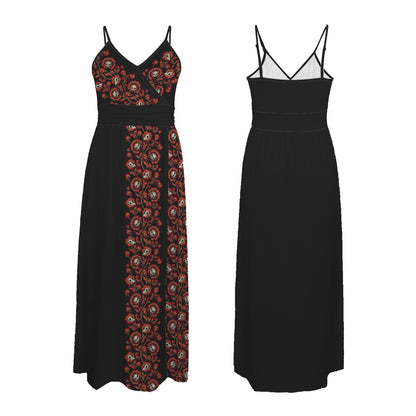 Spooky victorian damask evening gown with red flowers and cute skulls front and back view