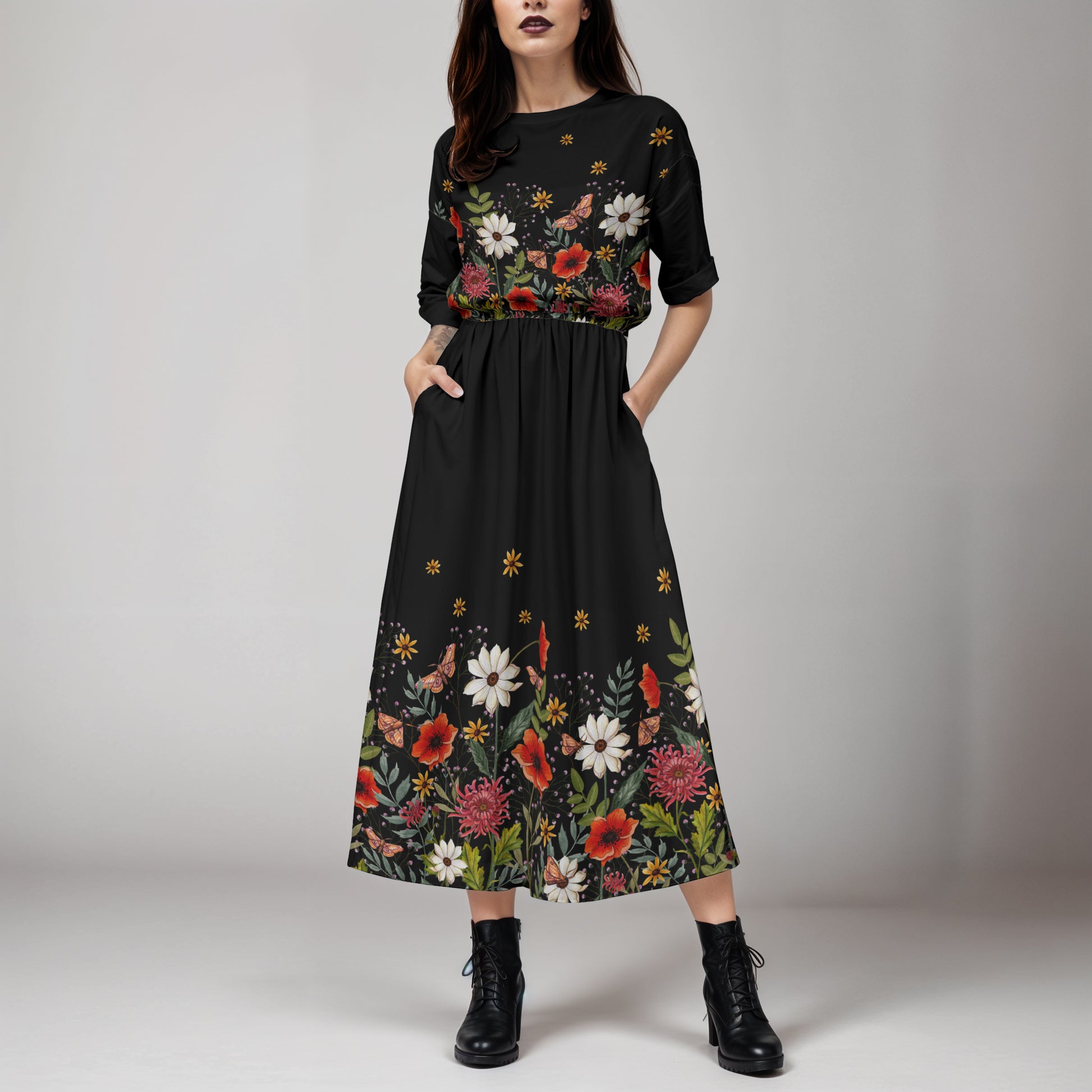 Gothic Moody Floral Dark Cottagecore Blouson Dress with Pockets XL / Black Gothic Moody Floral Dark Cottagecore Blouson Dress with Pockets XL / Black