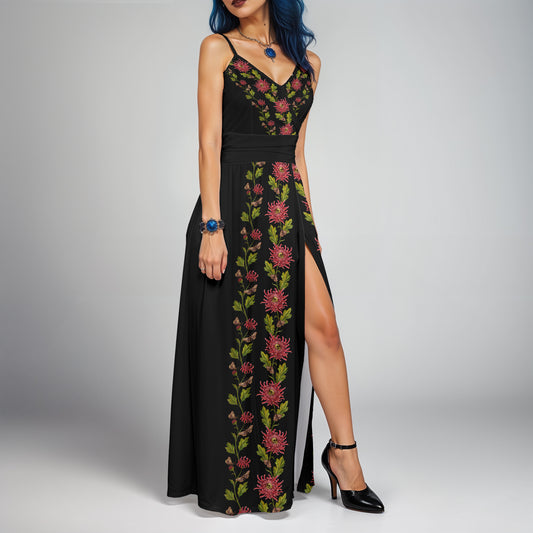 Elegant Chrysanthemum Skull Maxi-dress