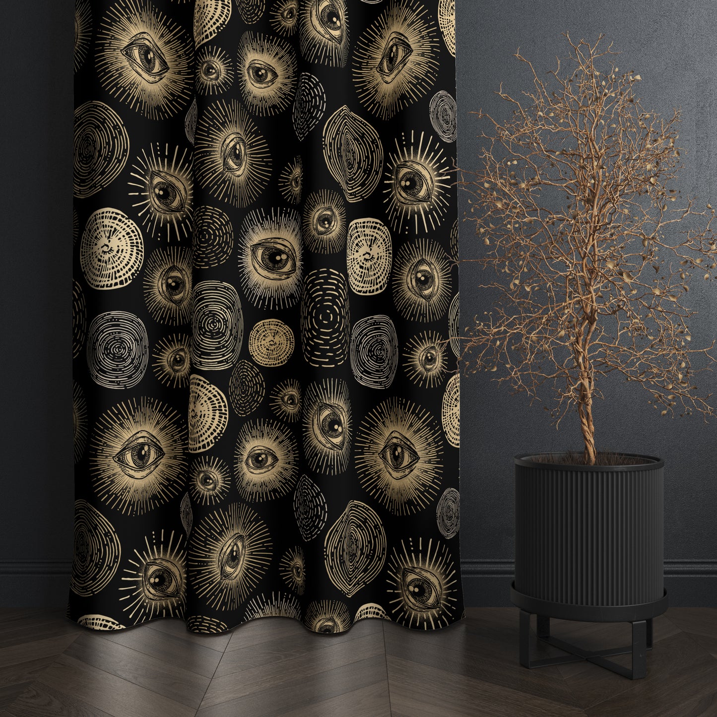 Esoteric Eye Window Curtain (One Piece) - Black & Gold - Red Finch Creations