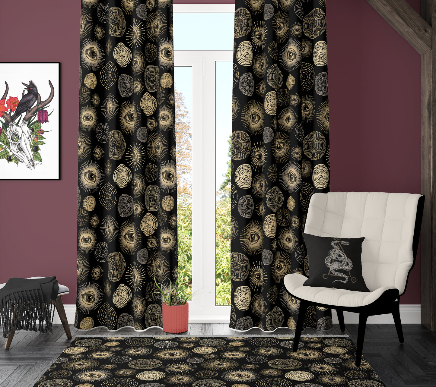 Esoteric Eye Window Curtain (One Piece) - Black & Gold - Red Finch Creations