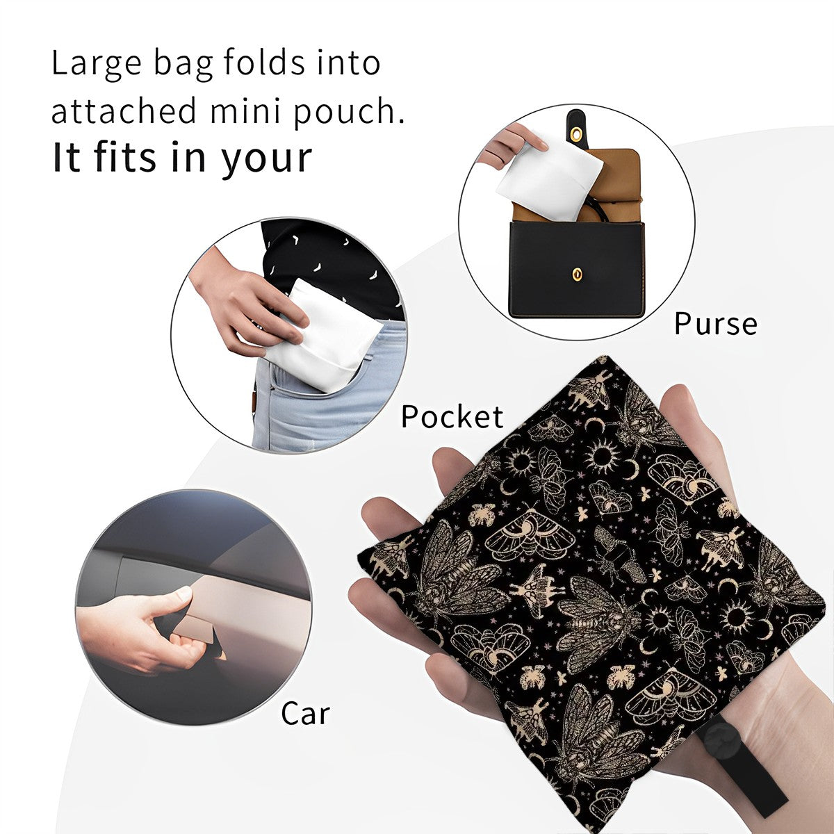 Black bag with gold whimsigoth patterns being held, shown in use scenarios with text indicating its portability.