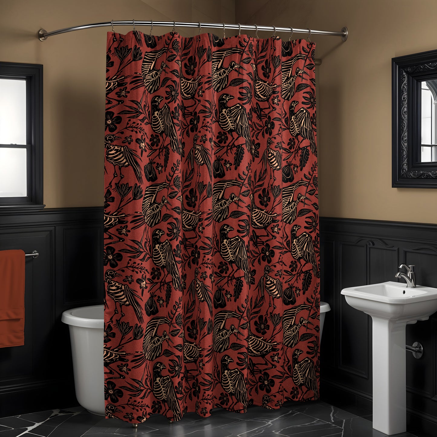 Fall Floral Bird Skeleton Shower Curtain - Rust Red - Red Finch Creations