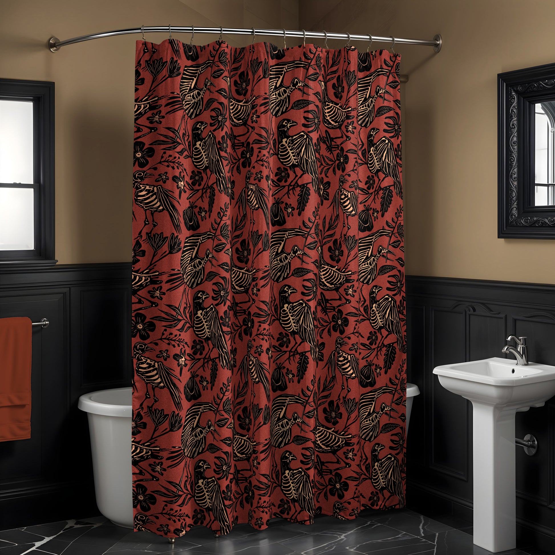 Fall Floral Bird Skeleton Shower Curtain - Rust Red - Red Finch Creations