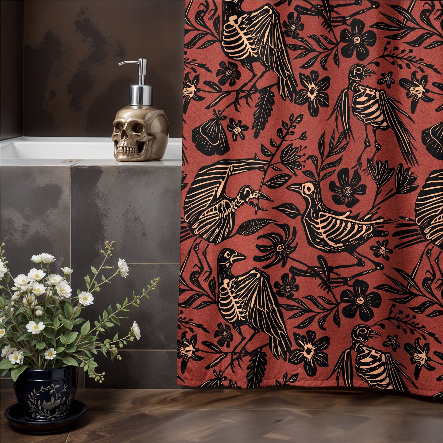Fall Floral Bird Skeleton Shower Curtain - Rust Red - Red Finch Creations