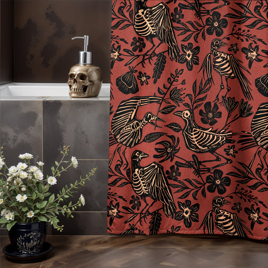 Fall Floral Bird Skeleton Shower Curtain - Rust Red - Red Finch Creations