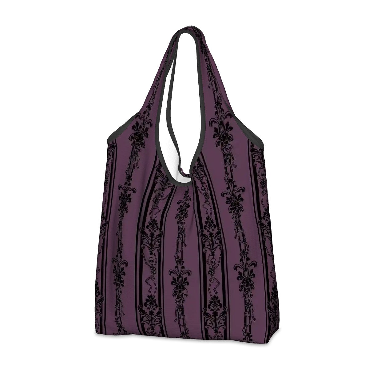 Mauve purple tote bag with black baroque dancing skeleton print on a white background