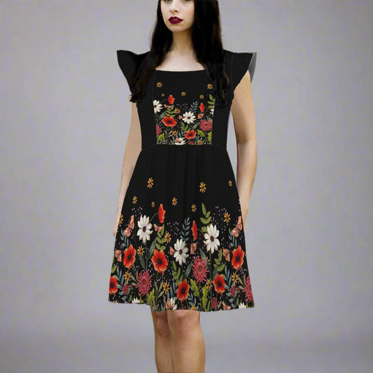 Moody Floral Ruffle Sleeve Pocket Dress - Red Finch Creations