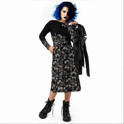 Gothic Floral Long Sleeve Pocket Dress - 2XS to 6XL