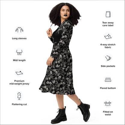 Gothic Floral Long Sleeve Pocket Dress - 2XS to 6XL