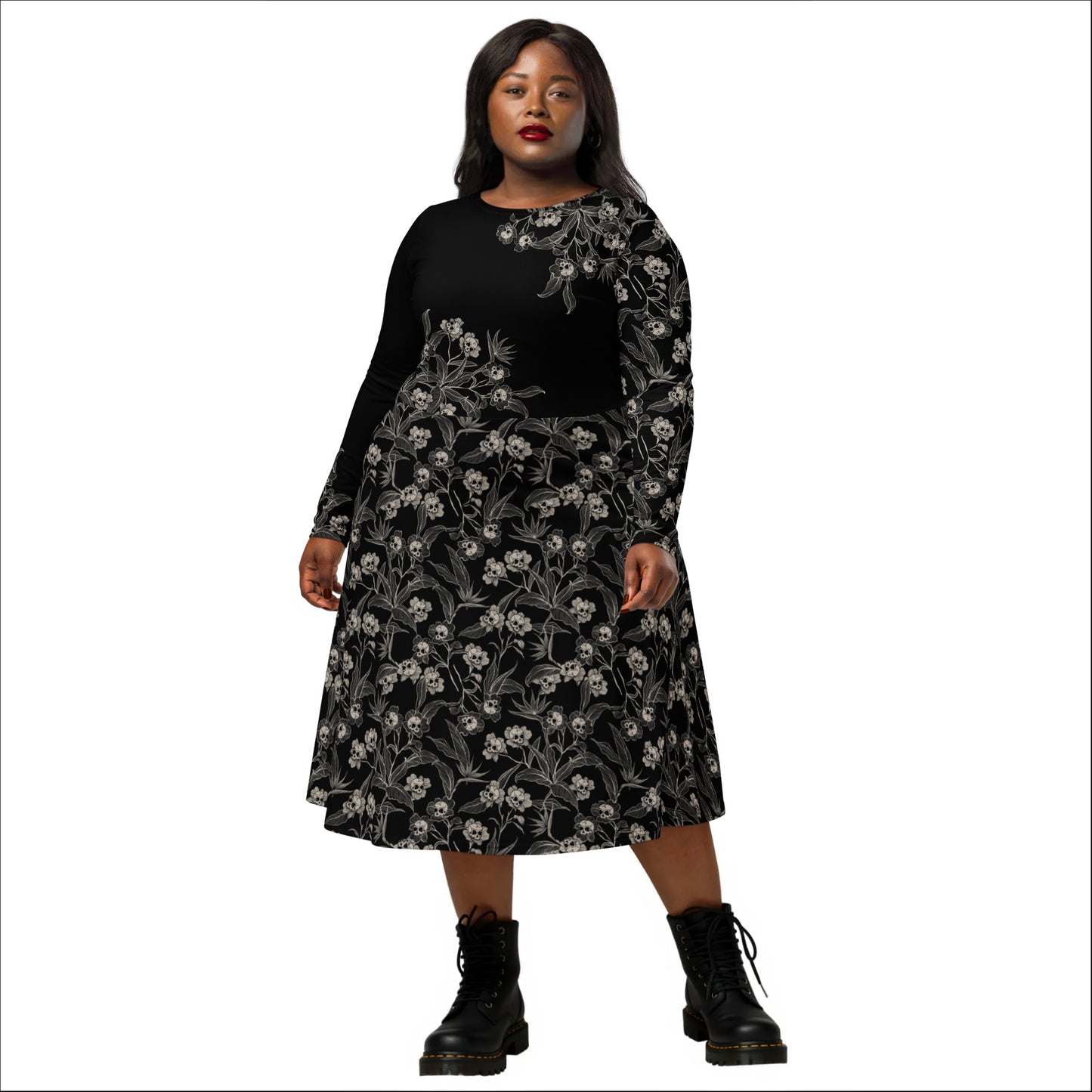 Gothic Floral Long Sleeve Pocket Dress - 2XS to 6XL