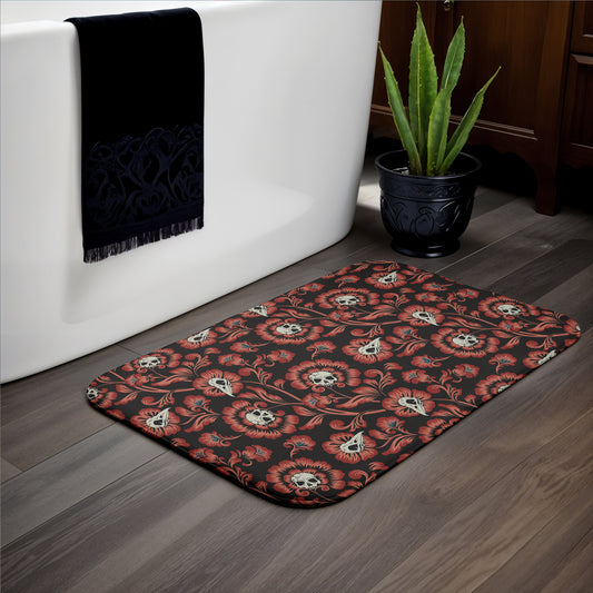 Victorian Floral Skull Bath Mat - Red - Red Finch Creations