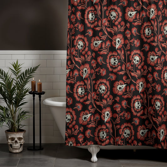 Gothic Victorian Floral Skull Shower Curtain - Red - Red Finch Creations
