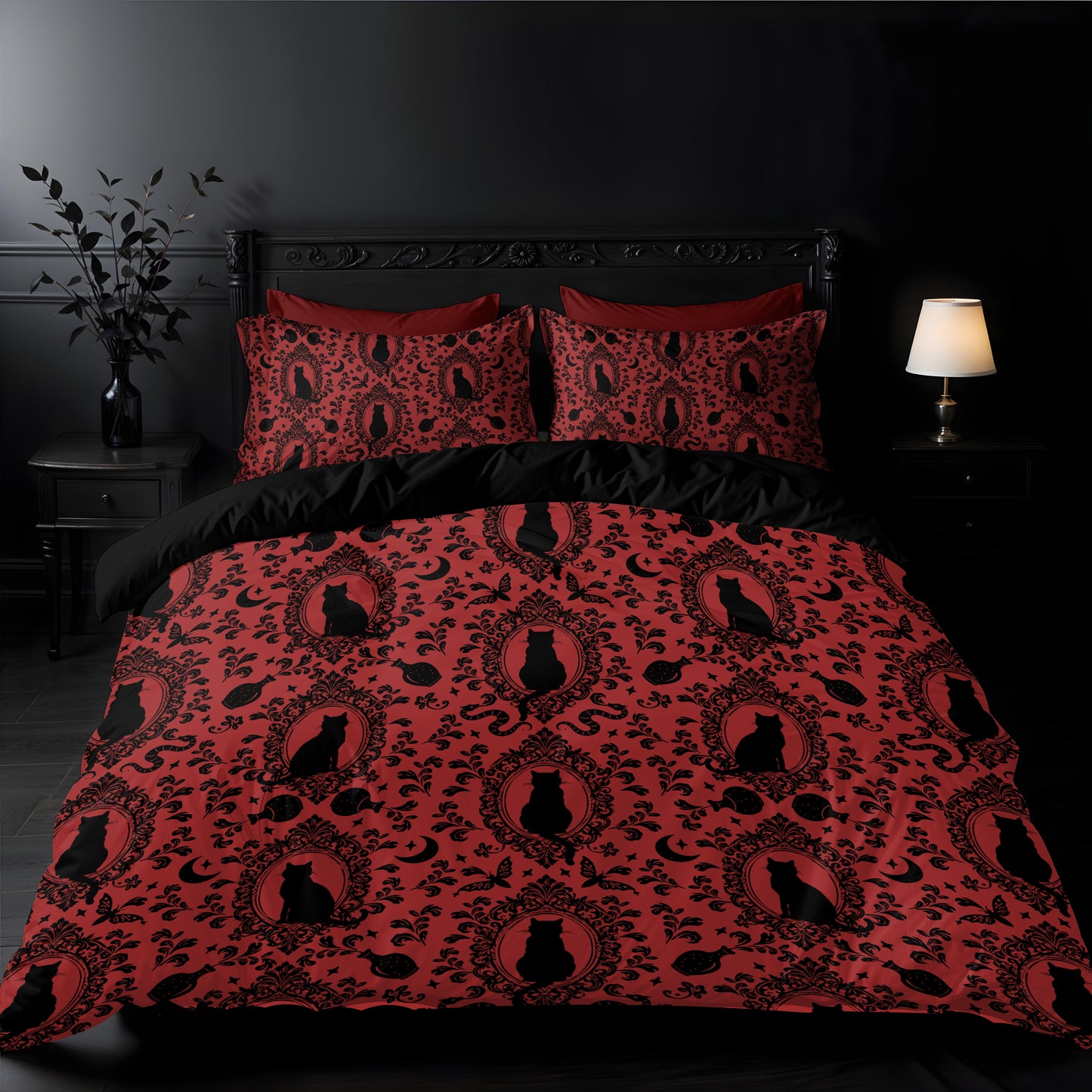 Victorian Cat 3-Piece Bedding Set - Red
