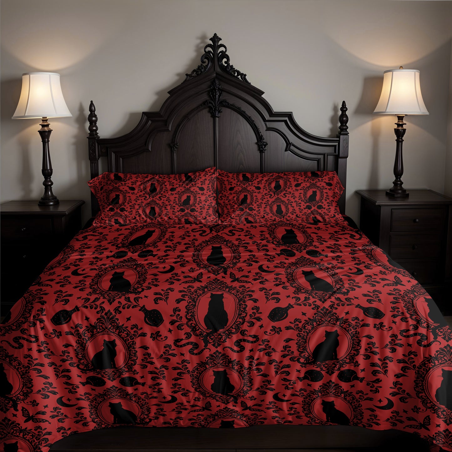 Victorian Cat 3-Piece Bedding Set - Red