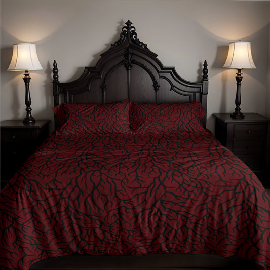 Blood Red Thorn gothic and spooky pattern bedding an a baroque double bed