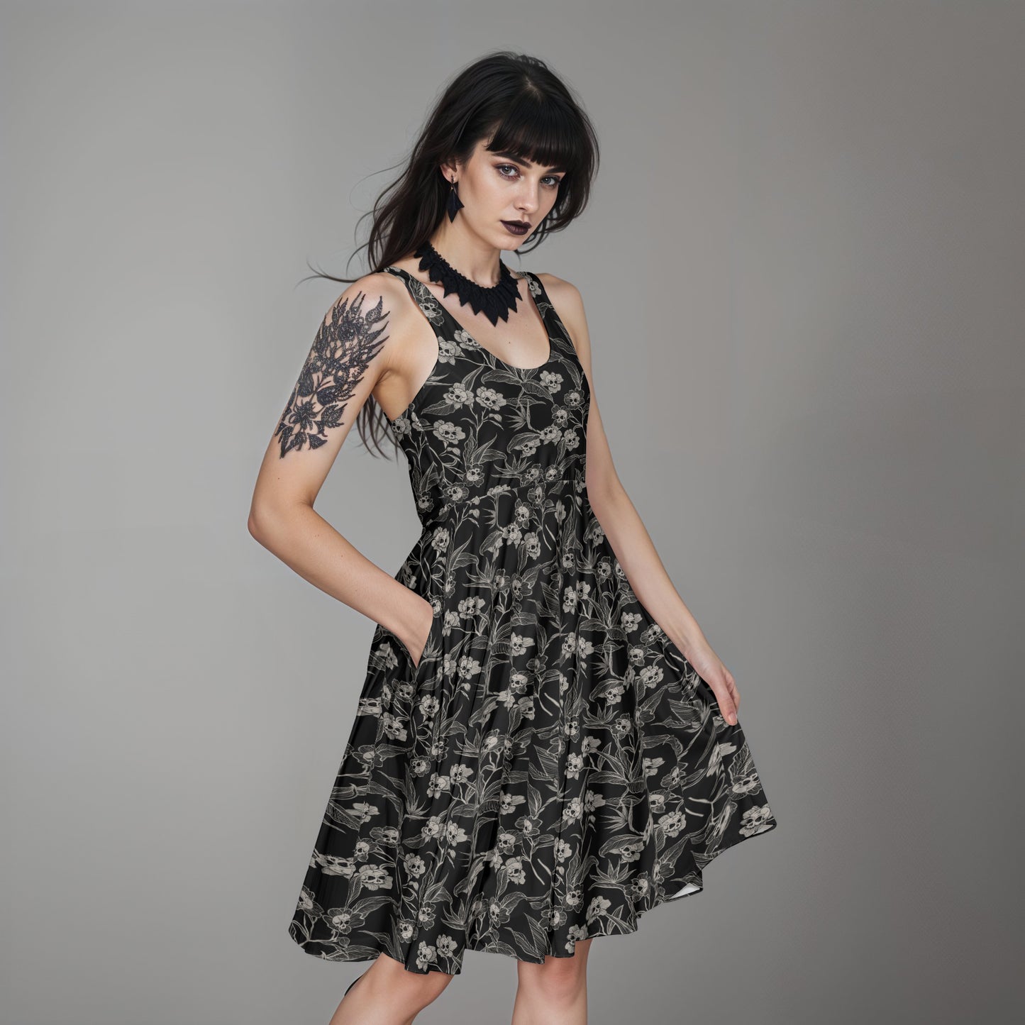 Gothic Floral Skater Dress - XS - 6XL