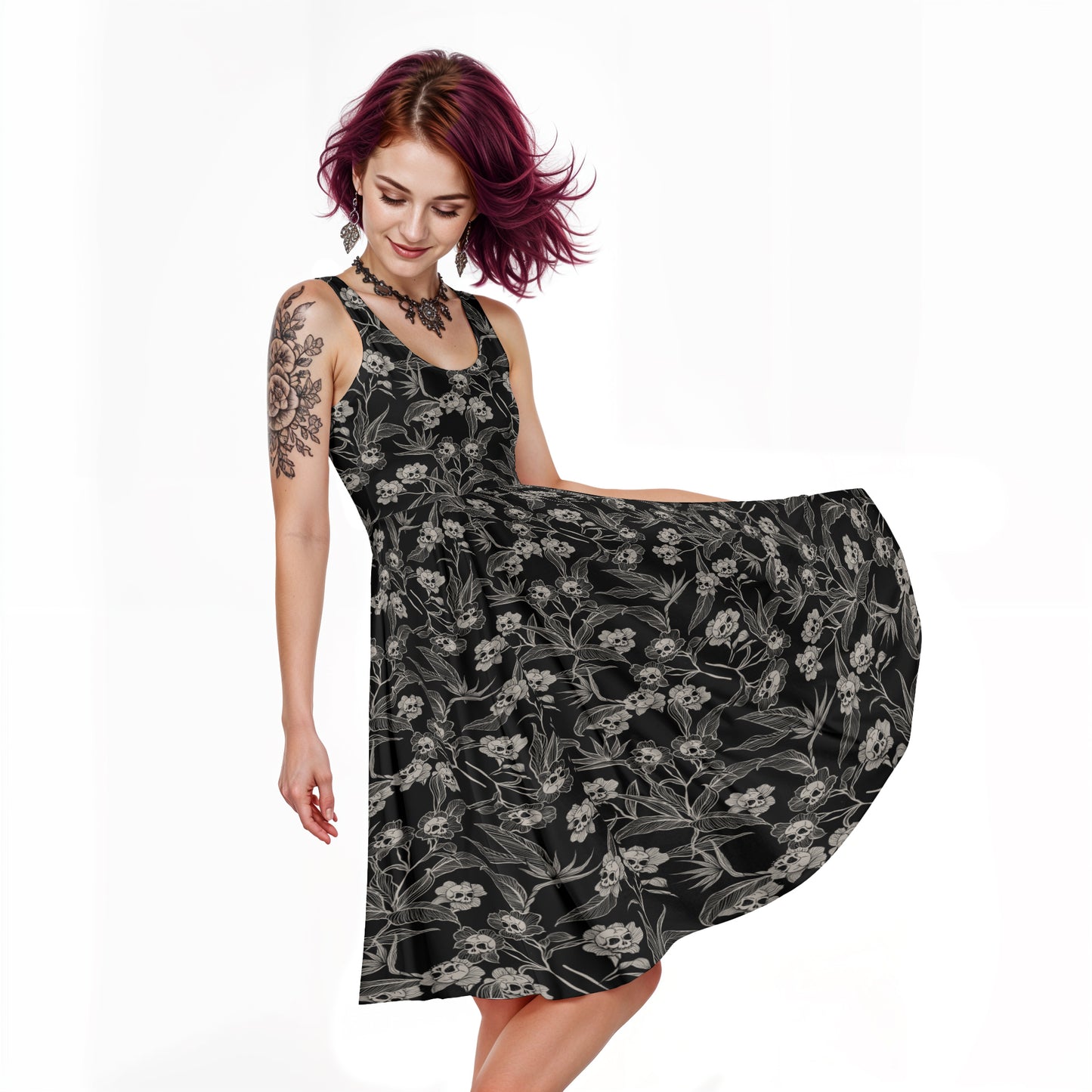 Gothic Floral Skater Dress - XS - 6XL