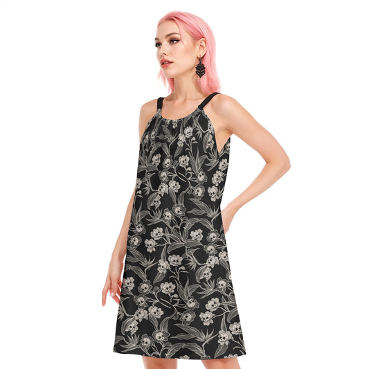 gothic floral skull flower dress rayon dress with spooky vibes on a goth woman with pastel pink hair