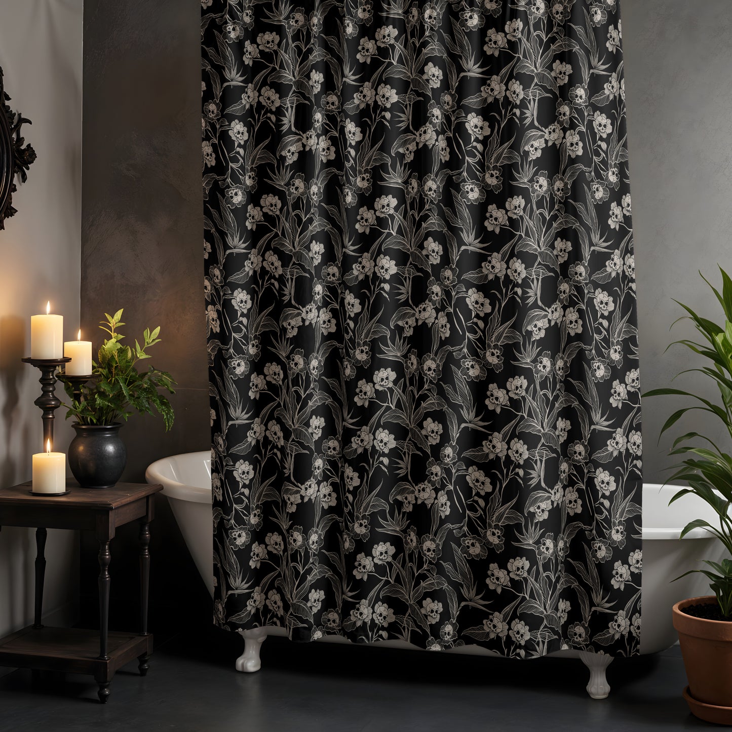 Gothic Floral Skull Flower Shower Curtain - Red Finch Creations