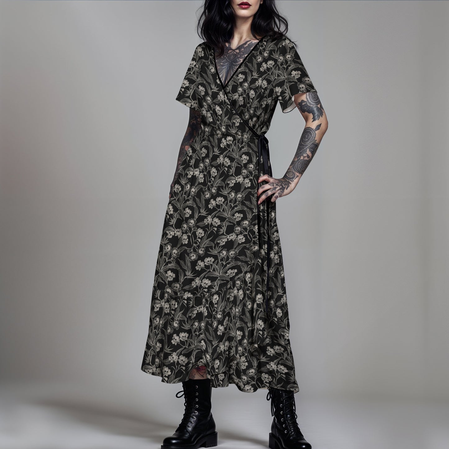 gothic woman wearing a dark floral skull dress with tattoos on arms against a gray background