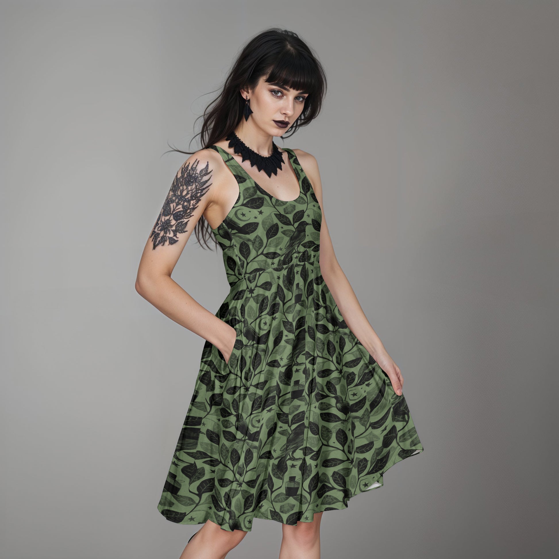Witchy Green Botanical Raven Dress w/ Pockets - XS - 6XL Plus Sizes Red Finch Creations Witchy Green Botanical Raven Dress w/ Pockets - XS - 6XL Plus Sizes Red Finch Creations