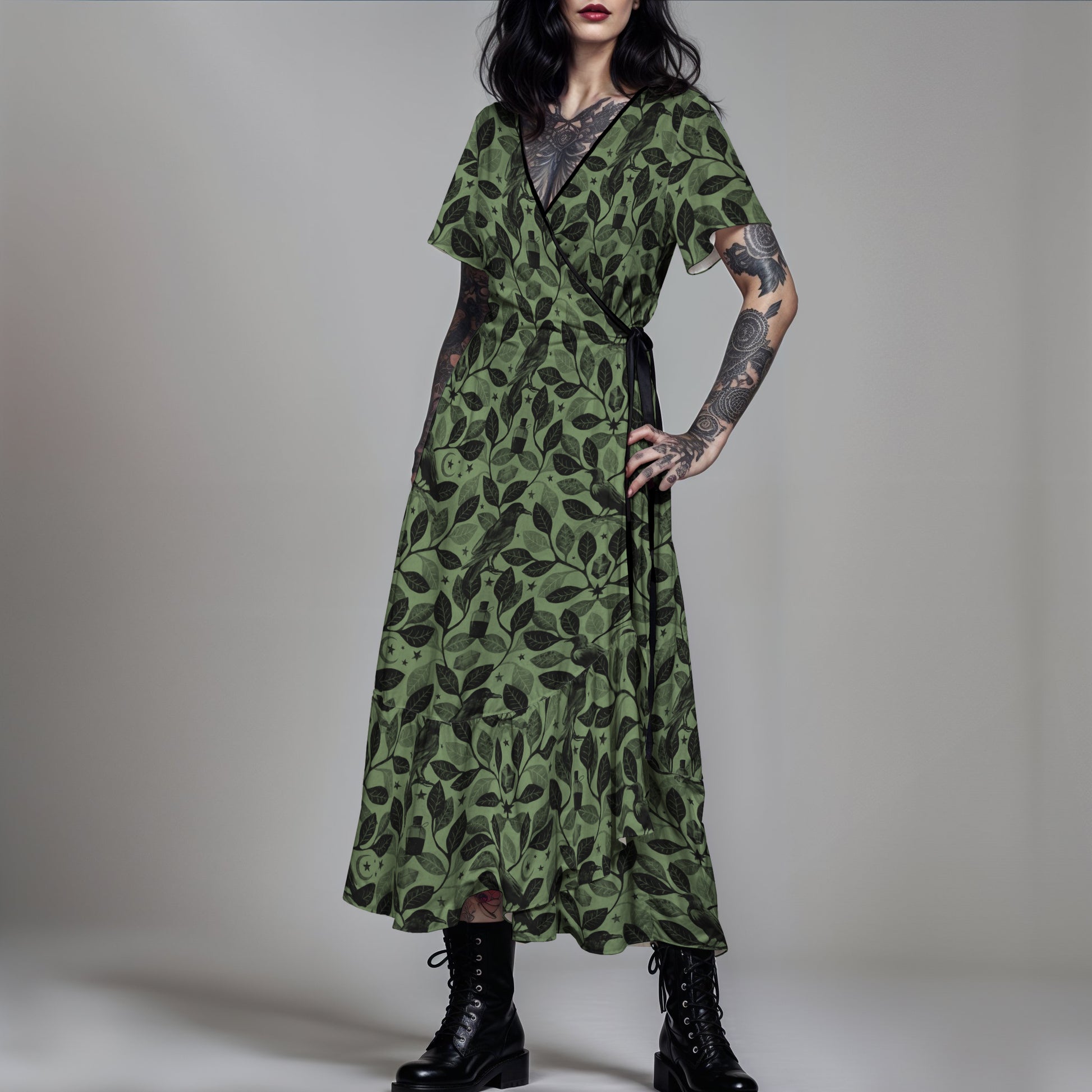 Witchy Botanical Raven Maxi-Wrap Dress - Green and Black XS-5XL Red Finch Creations Witchy Botanical Raven Maxi-Wrap Dress - Green and Black XS-5XL Red Finch Creations