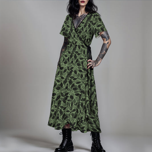 Botanical Raven Maxi-Wrap Dress - Green