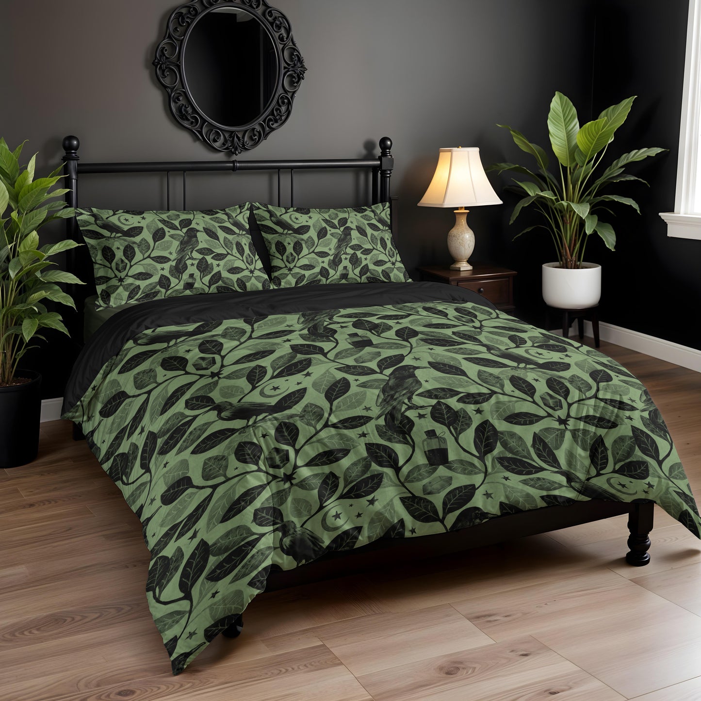 Witchy Watercolor Raven 3-Piece Bedding Set - Green