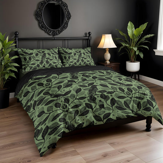 Witchy Watercolor Raven 3-Piece Bedding Set - Green