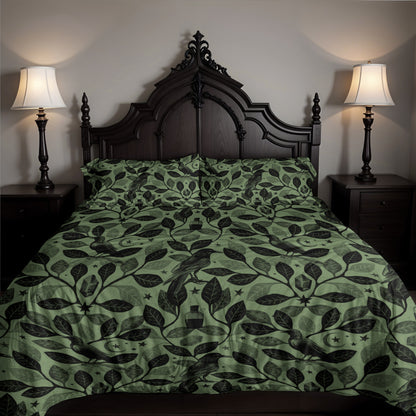 Witchy Watercolor Raven 3-Piece Bedding Set - Green