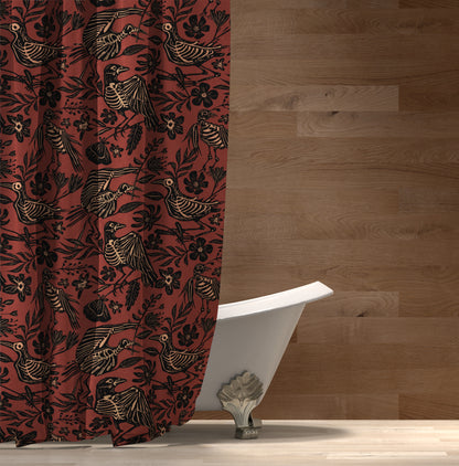 Fall Floral Bird Skeleton Shower Curtain - Rust Red - Red Finch Creations