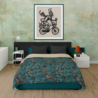 Spooky Folk Art Bird Skeleton Duvet Cover - Teal - Red Finch Creations