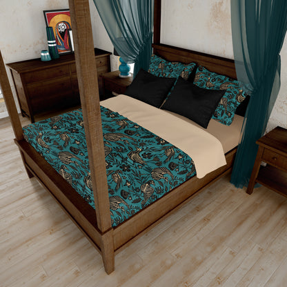 Spooky Folk Art Bird Skeleton Duvet Cover - Teal - Red Finch Creations