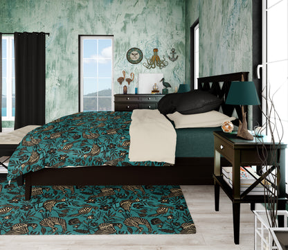 Spooky Folk Art Bird Skeleton Duvet Cover - Teal - Red Finch Creations