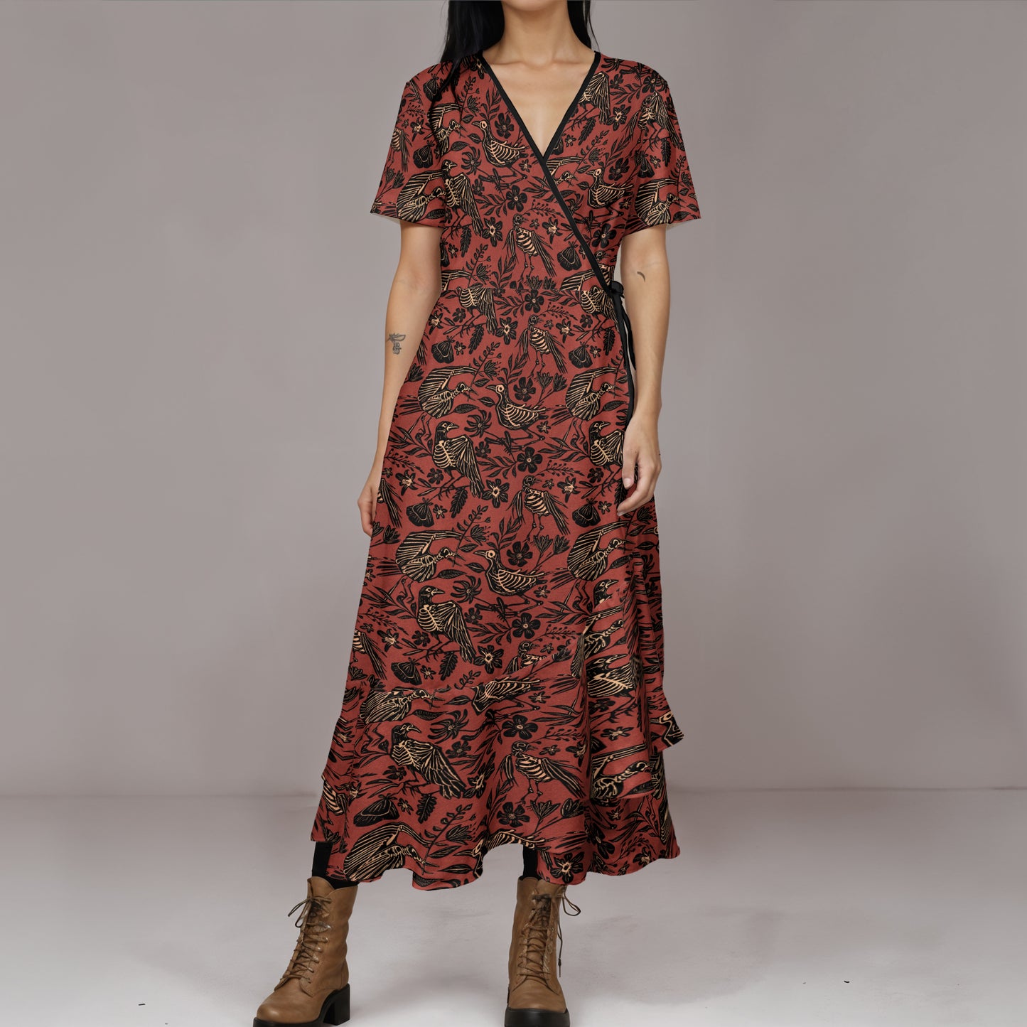 Spooky Autumn Bird Skeleton Wrap Dress - Rust Red XS-5XL Red Finch Creations Spooky Autumn Bird Skeleton Wrap Dress - Rust Red XS-5XL Red Finch Creations