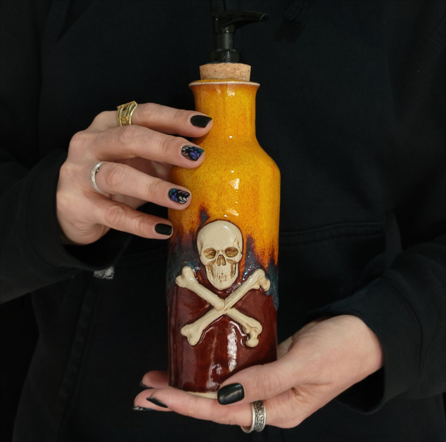 Handmade Skull & Crossbones Ceramic Dispenser – Gothic Apothecary Soap Bottle