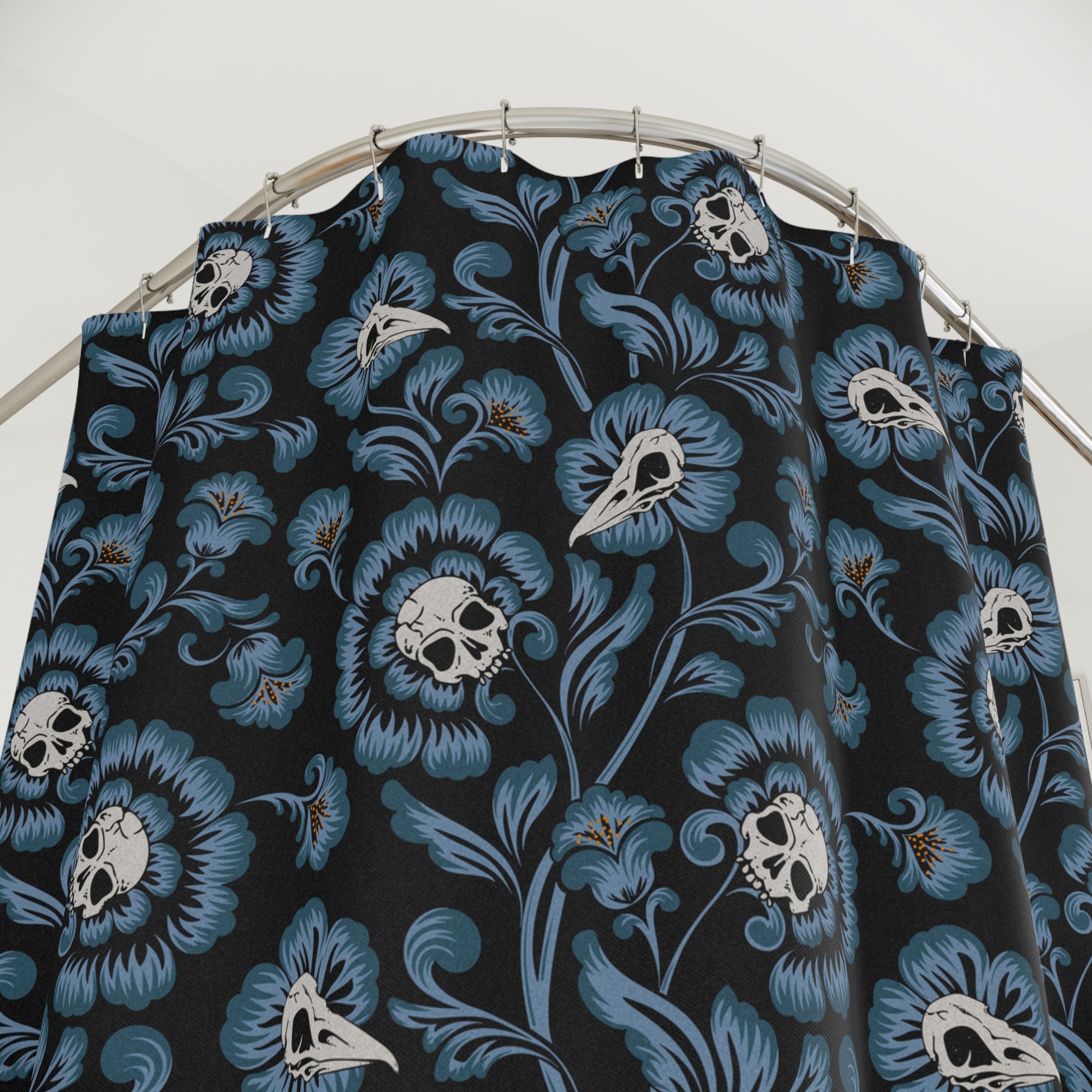 Gothic Victorian Floral Skull Shower Curtain - Blue - Red Finch Creations