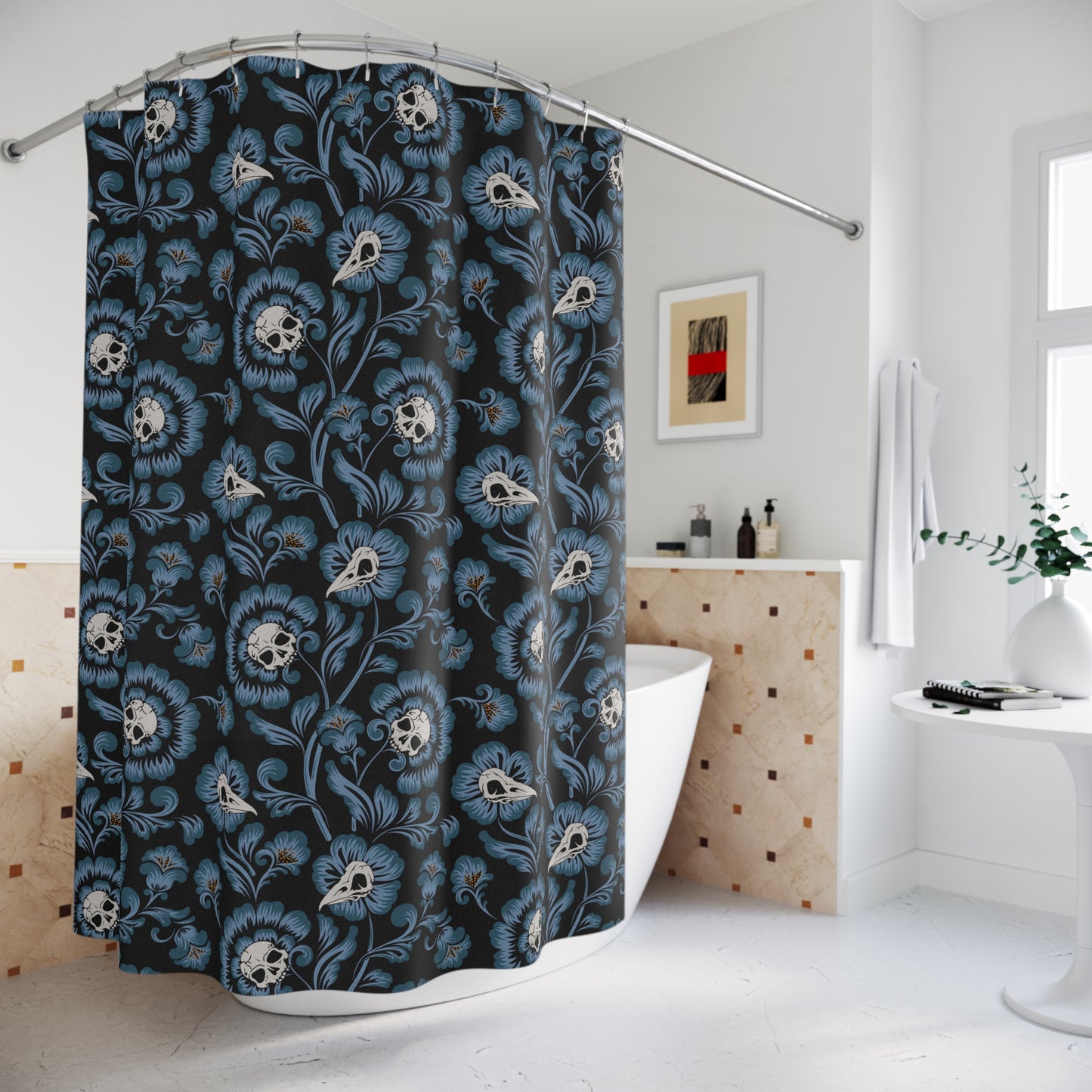 Gothic Victorian Floral Skull Shower Curtain - Blue - Red Finch Creations