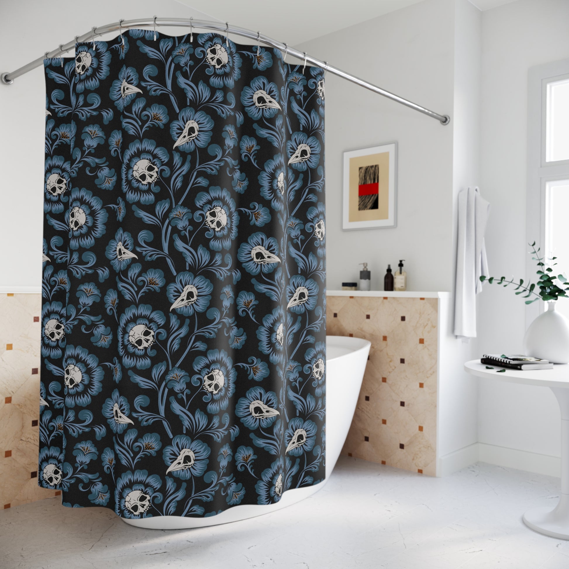 Gothic Victorian Floral Skull Shower Curtain - Blue - Red Finch Creations