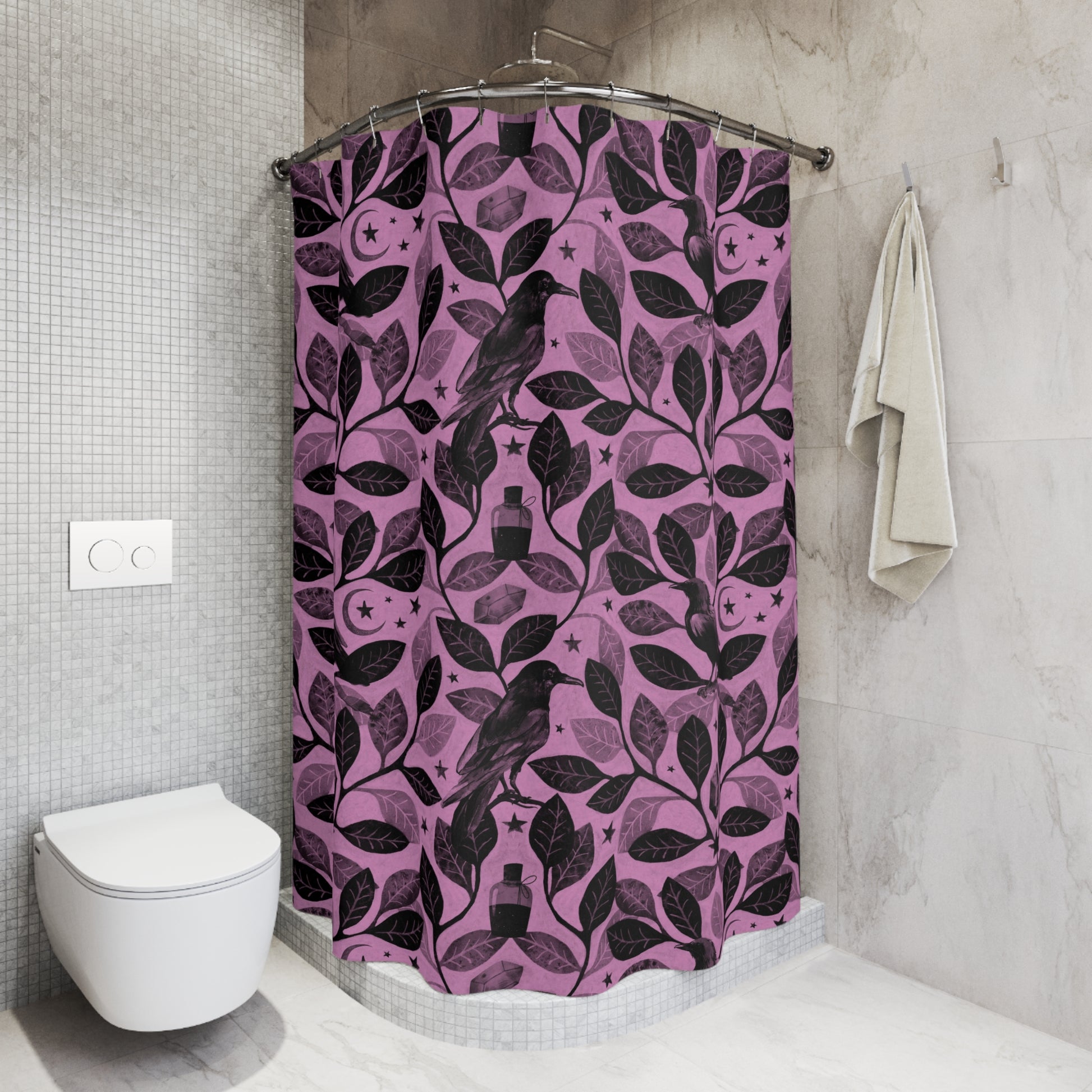 Witchy Watercolor Raven Shower Curtain - Pink - Red Finch Creations