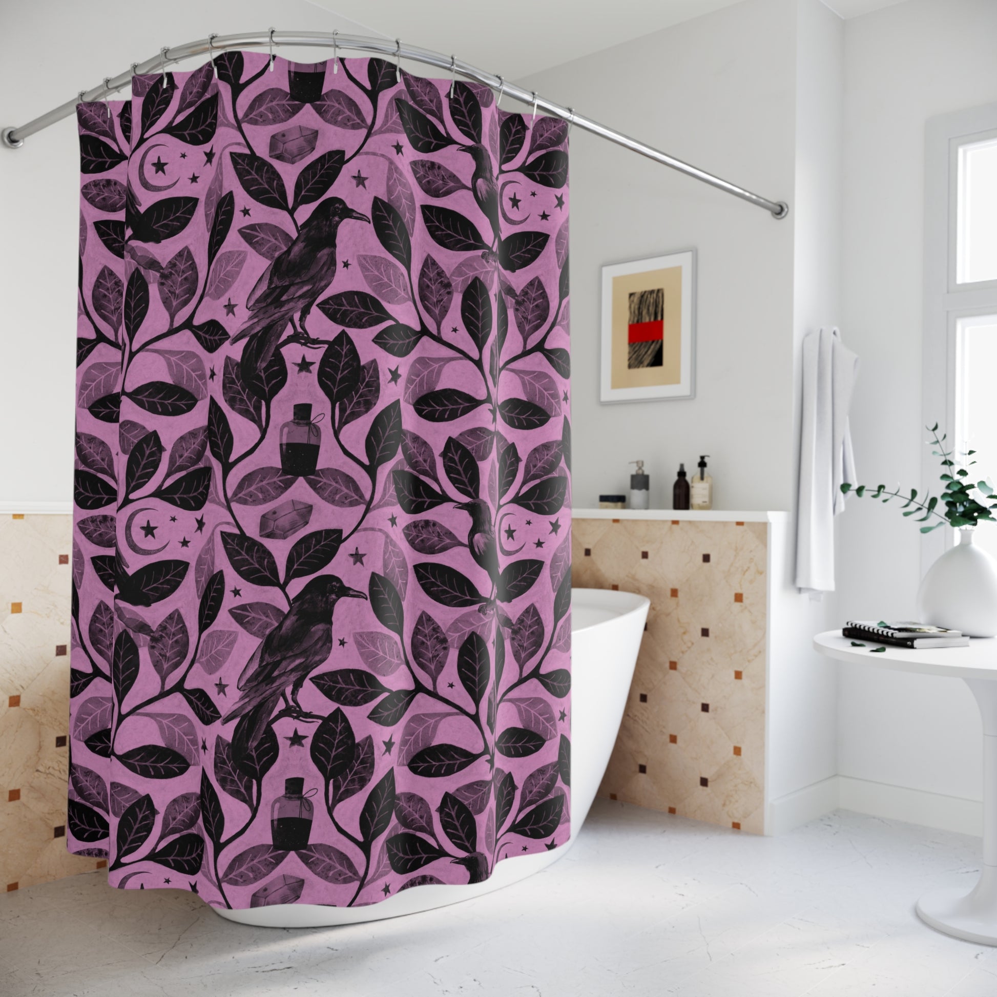 Witchy Watercolor Raven Shower Curtain - Pink - Red Finch Creations