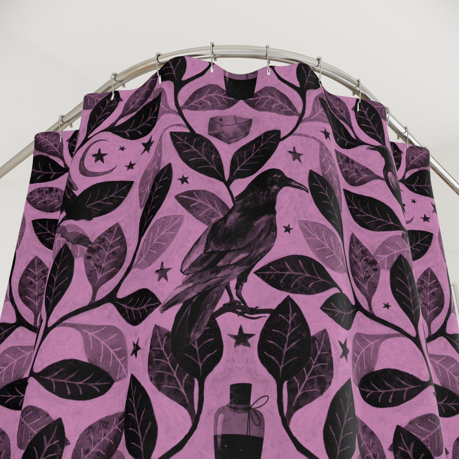Witchy Watercolor Raven Shower Curtain - Pink - Red Finch Creations