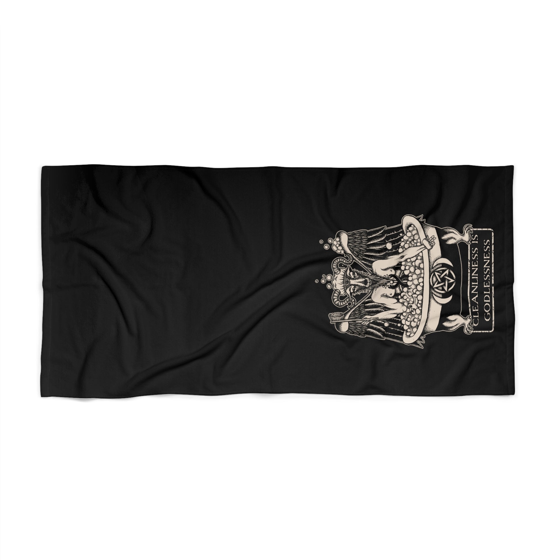 funny bathomet cleanliness is godlessness satanic pun bath towel with a gothic black background