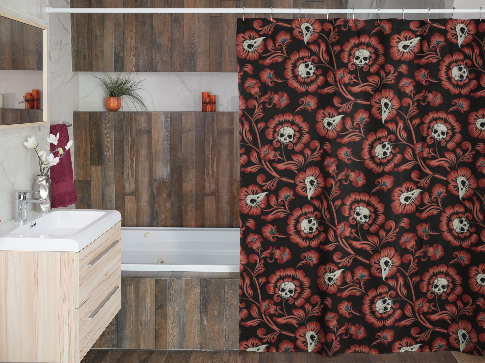 Gothic Victorian Floral Skull Shower Curtain - Red - Red Finch Creations