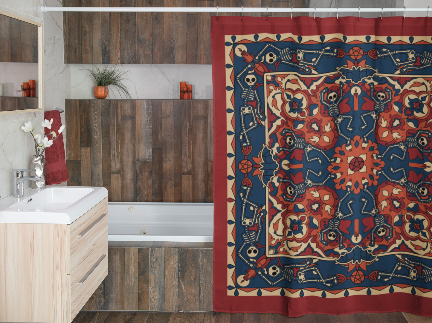 Dancing Skeleton Shower Curtain - Rust Red & Midnight Blue - Red Finch Creations