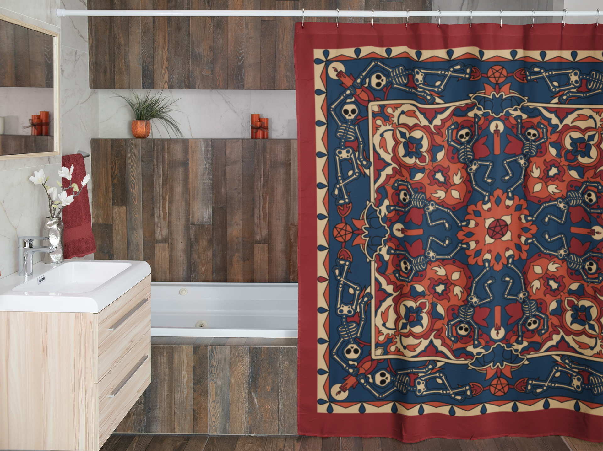 Dancing Skeleton Shower Curtain - Rust Red & Midnight Blue - Red Finch Creations